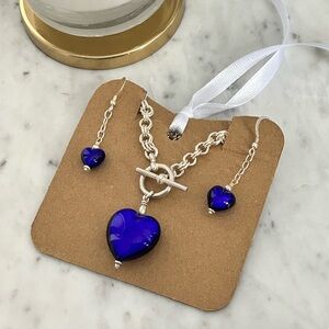 Elegant Murano Venetian glass sterling silver blue heart necklace+earring set.